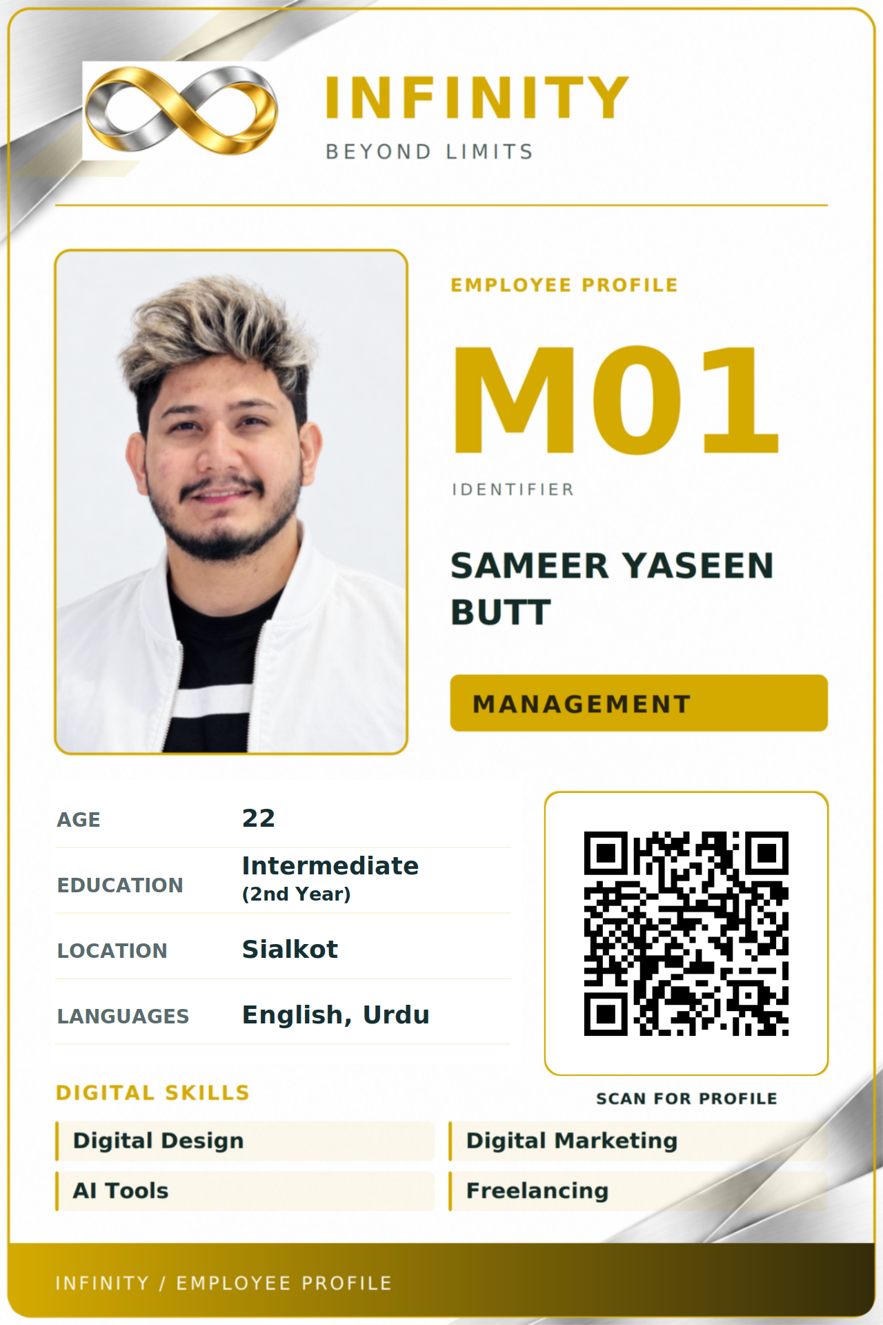 Front of INFINITY M01 employee card for Sameer Yaseen Butt